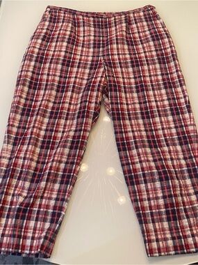 Talbots Vintage Red White Blue Plaid 100% Cotton Side Zip Capri Crop Pants 14